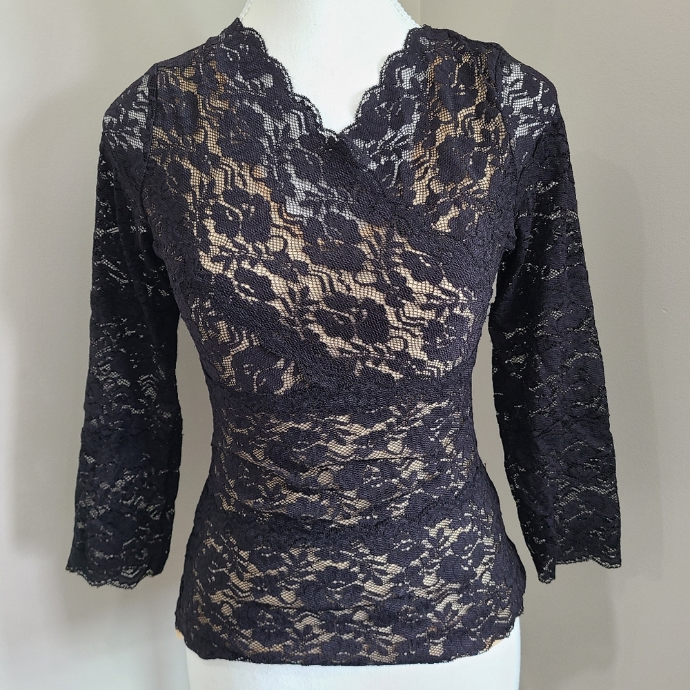 BEBE BLACK LACE WITH NUDE UNDERLAY TOP